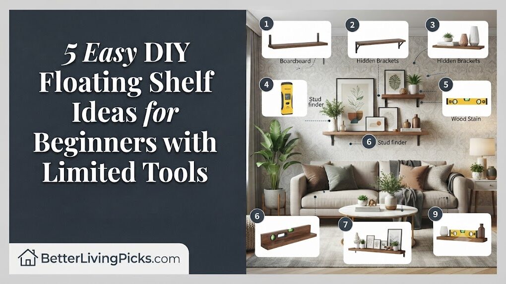 Modern living room featuring a styled wall with various DIY floating shelf examples, including wood boards, industrial pipes, and hidden brackets, arranged above a sofa with essential tools like a stud finder and level displayed.