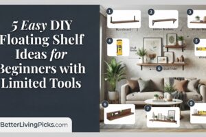 Modern living room featuring a styled wall with various DIY floating shelf examples, including wood boards, industrial pipes, and hidden brackets, arranged above a sofa with essential tools like a stud finder and level displayed.