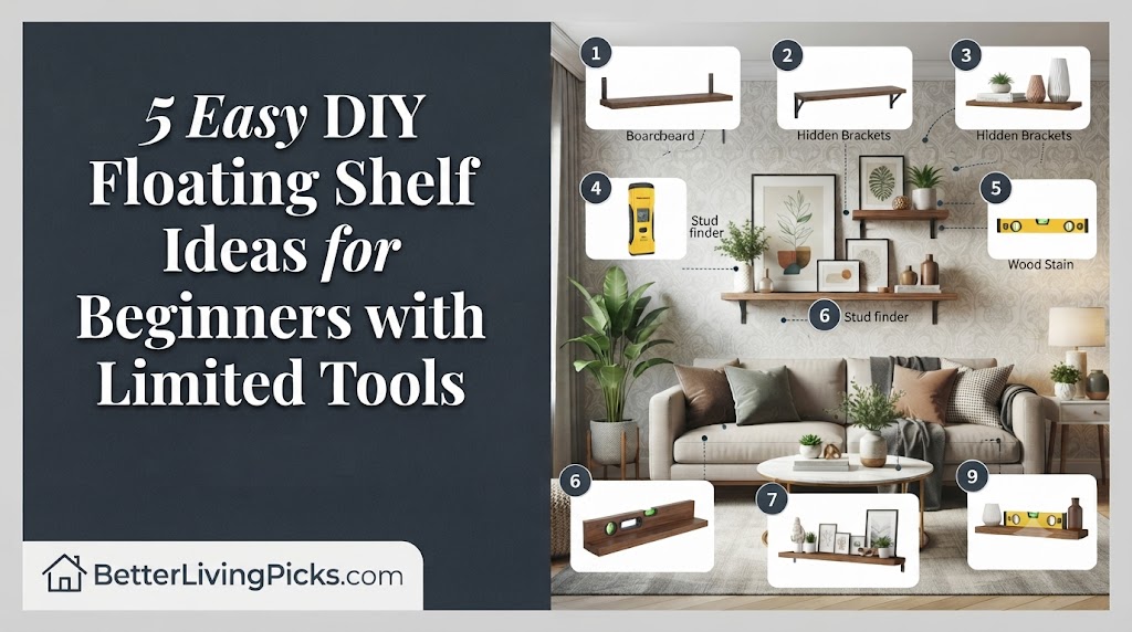Modern living room featuring a styled wall with various DIY floating shelf examples, including wood boards, industrial pipes, and hidden brackets, arranged above a sofa with essential tools like a stud finder and level displayed.