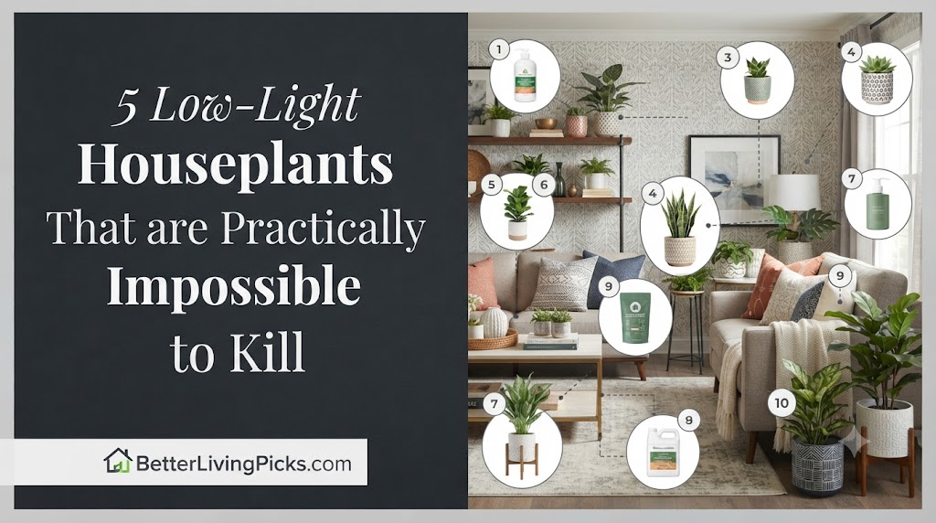 Modern living room featuring a selection of low-light houseplants with numbered product callouts and a dark sidebar displaying the title.