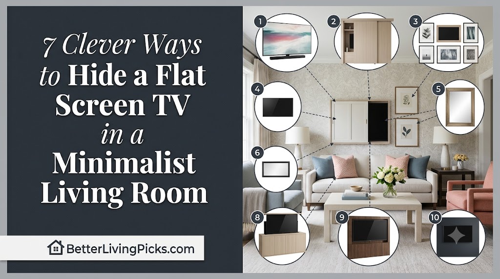 A split-screen infographic with a charcoal title panel and a high-end living room interior. The right side displays a modern living room scene where multiple hidden TV solutions are visualized with circular overlays and pointers numbered 1 to 10.