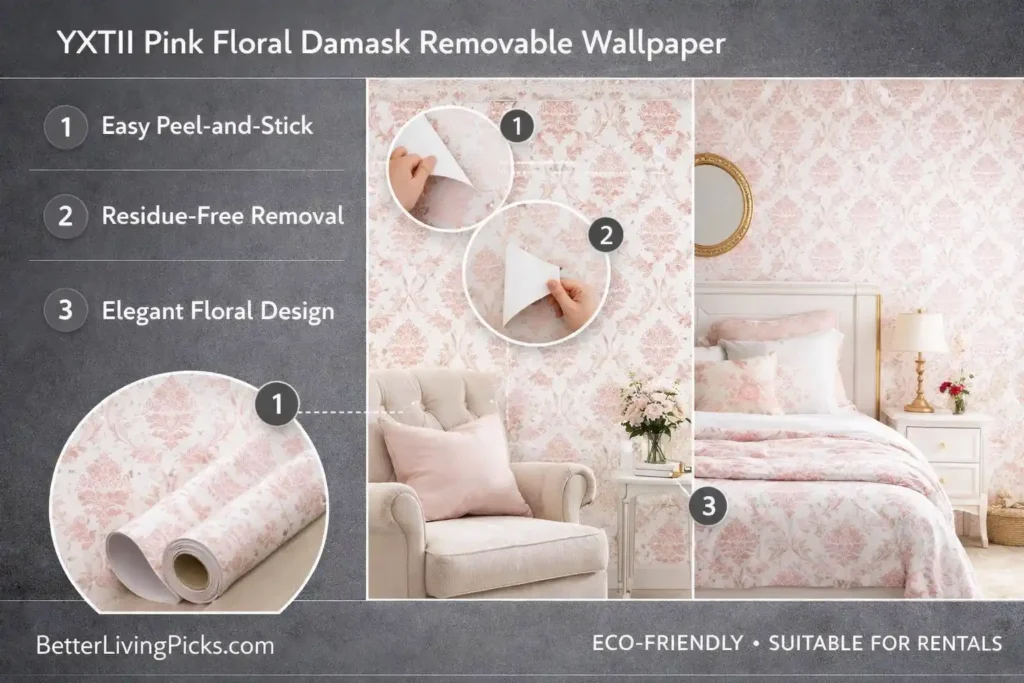 Modern bedroom and living room featuring pink floral damask removable wallpaper beside a slate-gray info panel.