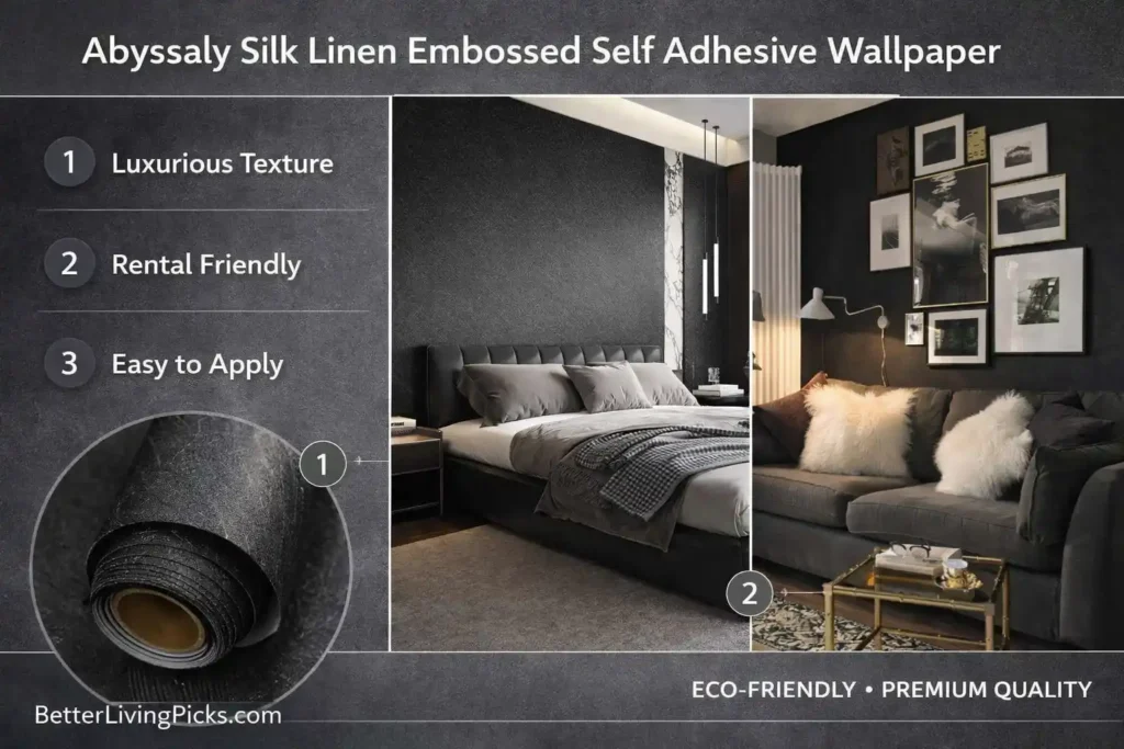 Modern living room featuring a silk-linen embossed self-adhesive wallpaper accent wall beside a slate-gray info panel.