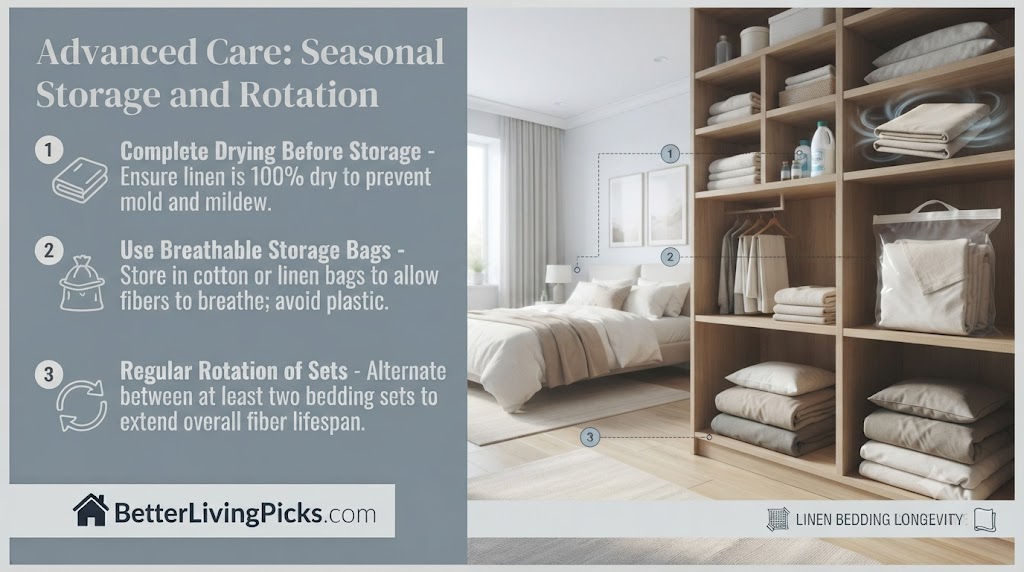 Split-screen infographic detailing three advanced care steps for linen bedding: complete drying, breathable bags, and regular rotation, with a closet scene and visual callouts.