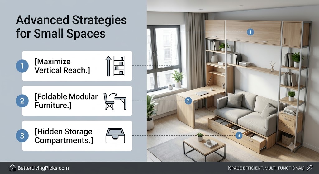 Infographic split-screen with text points and a visualization of a modern studio apartment with dynamic, space-saving furniture.