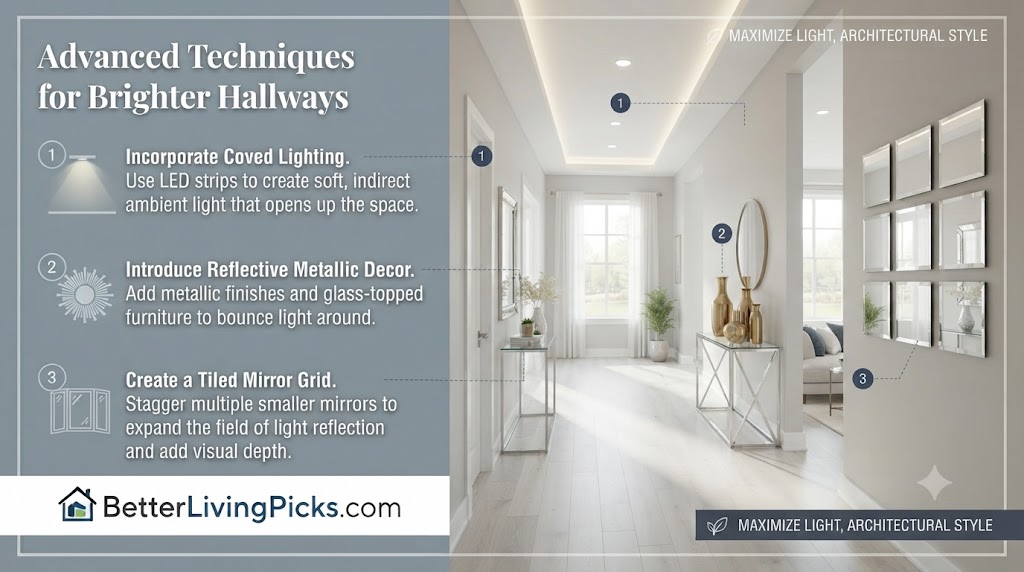 Modern hallway interior showcasing advanced lighting and decor techniques, including recessed coved lighting, reflective metallic furniture, and a grid of staggered wall mirrors.