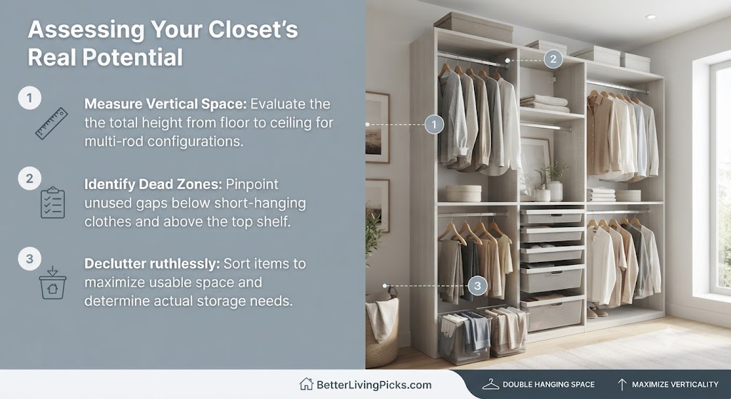 Modern reach-in closet featuring a split-screen design with assessment steps on the left and a double-hanging rod organization system on the right.