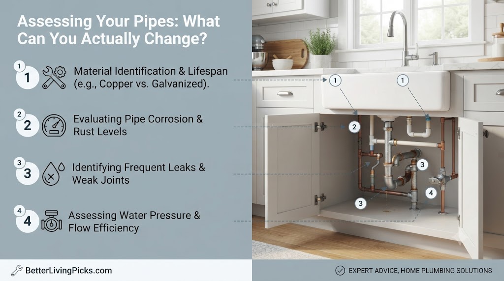 A professional infographic split-screen layout showing assessment steps for rental apartment pipes alongside a modern living room scene.