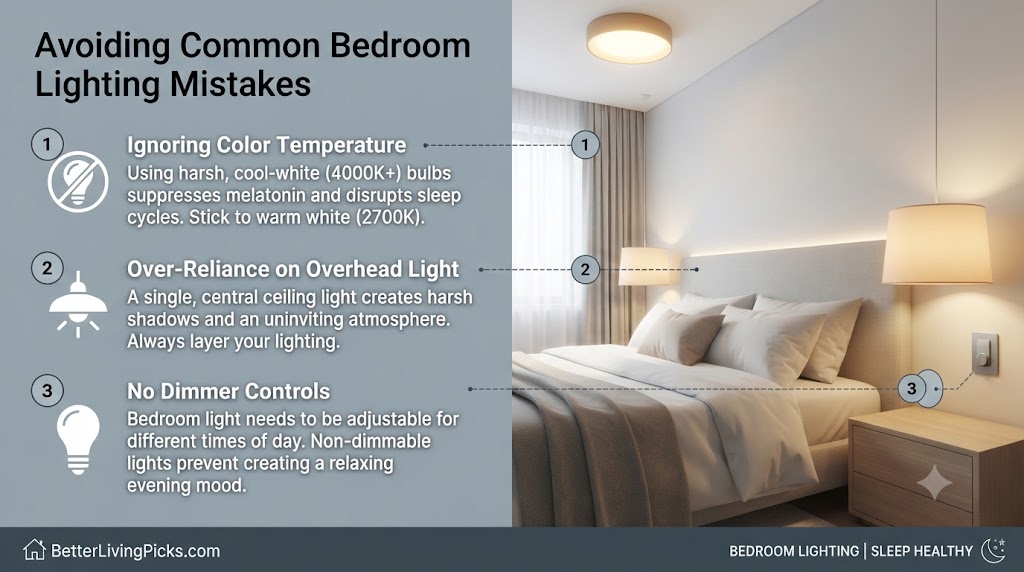 Bedroom lighting infographic comparing cool versus warm light, single versus layered sources, and dimmable versus static controls.