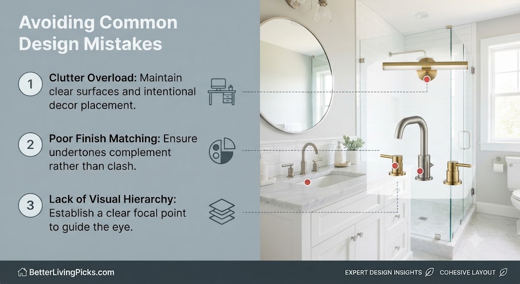Modern bathroom interior with mixed brass and chrome hardware, featuring numbered design mistake callouts and icons.