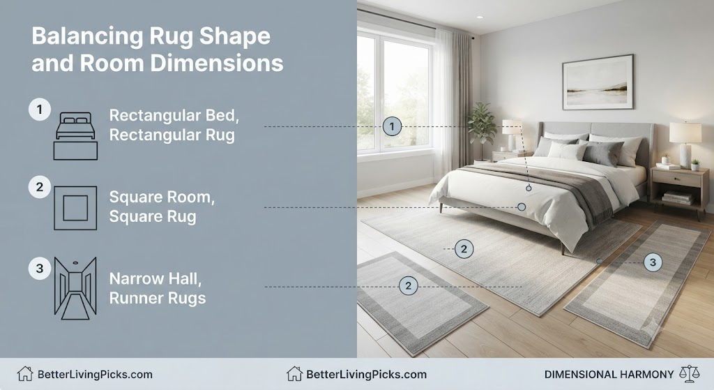 Modern bedroom interior featuring queen bed with infographic numbered callouts for balancing rug shapes and room dimensions.
