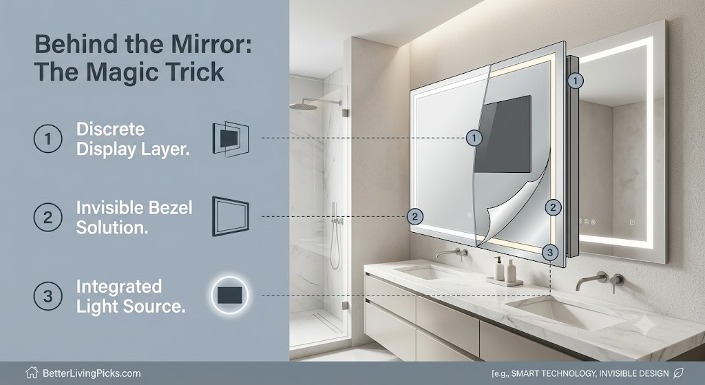 Split-screen infographic with technical diagram of a smart bathroom mirror displaying three technology features linked to numbered icons and descriptions, set against a modern double-vanity bathroom.