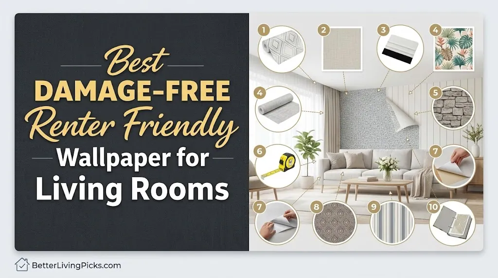 Modern living room featuring a split-screen infographic header with hierarchical text and product callouts.