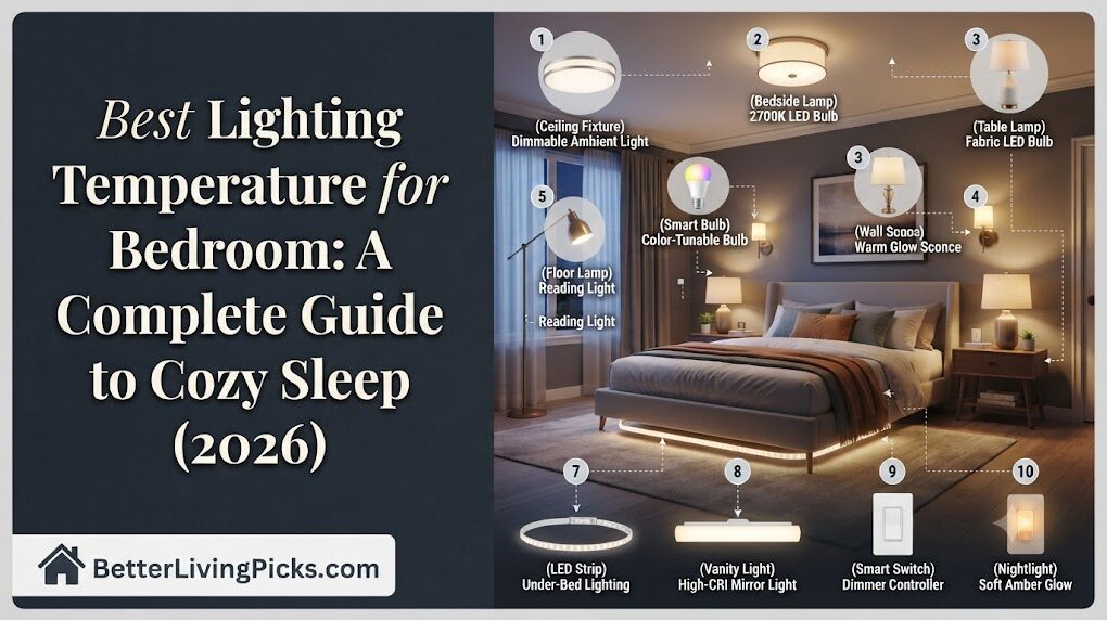 Infographic guide illustrating ten distinct bedroom lighting fixture types with temperature ratings for optimized sleep.