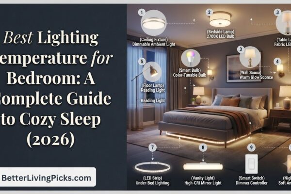 Infographic guide illustrating ten distinct bedroom lighting fixture types with temperature ratings for optimized sleep.