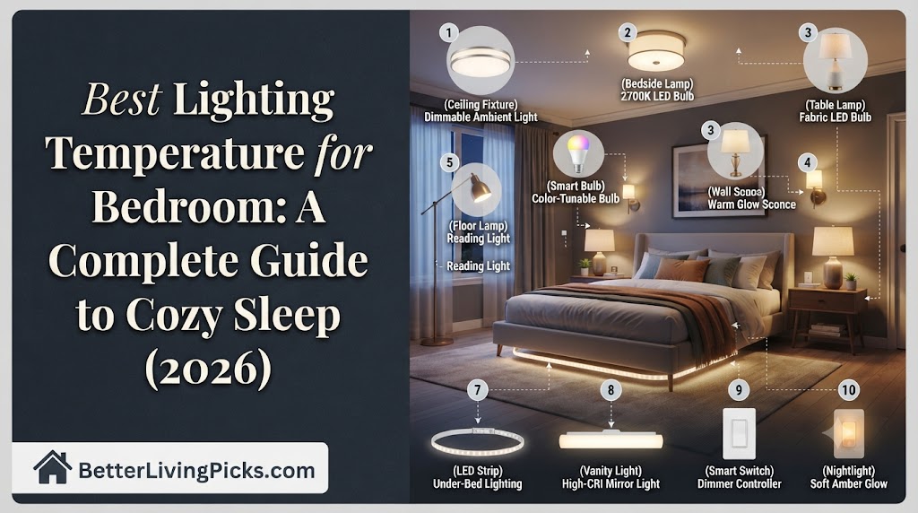 Infographic guide illustrating ten distinct bedroom lighting fixture types with temperature ratings for optimized sleep.