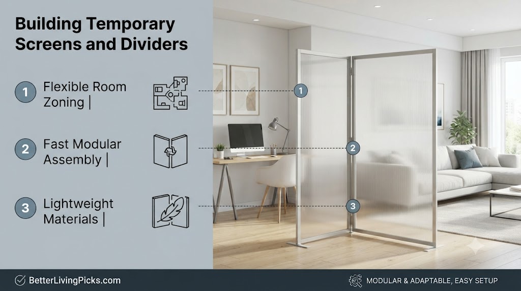 A split-screen graphic showcasing three temporary screen and divider methods for masking pipe clusters in a rental home.