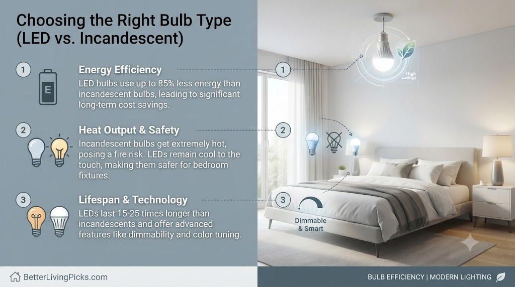 Bedroom lighting infographic comparing LED efficiency, heat safety, and lifespan against incandescent bulbs.