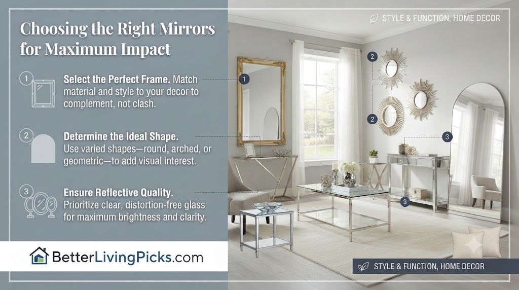 Modern living room featuring a curated collection of diverse mirror shapes, including arched and sunburst styles, paired with reflective glass furniture.