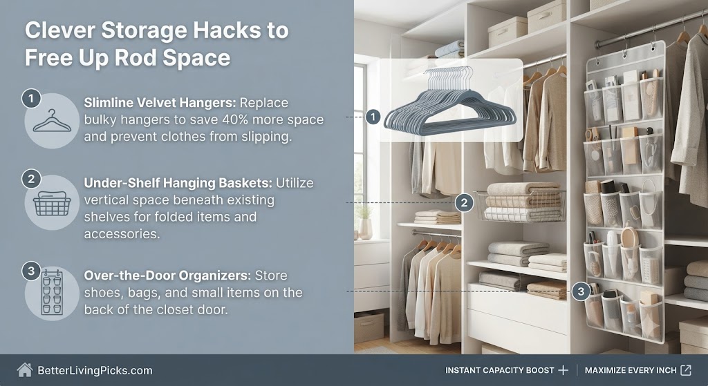 Modern reach-in closet featuring a split-screen design with storage hack steps on the left and organized garment storage on the right.