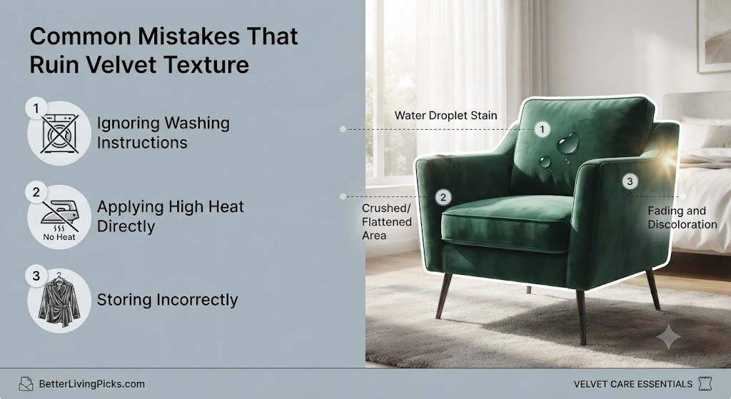 Modern living room showing a close-up of a damaged, flattened velvet sofa cushion with red warning markers indicating improper cleaning impact.