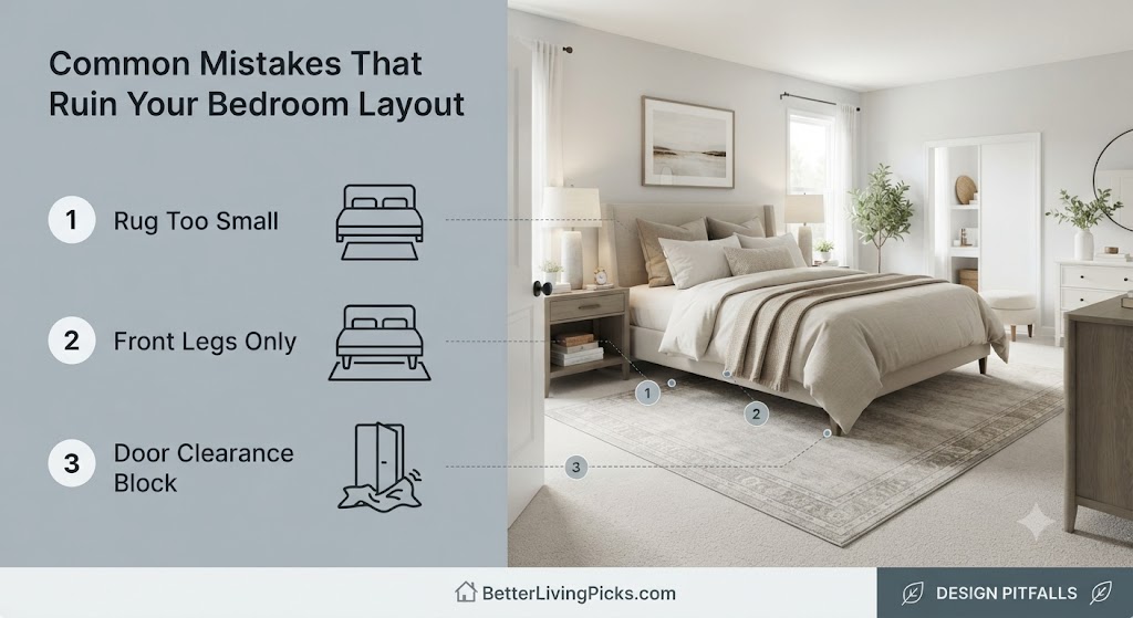 Modern bedroom interior featuring queen bed with infographic numbered callouts for three common rug placement and layout mistakes.
