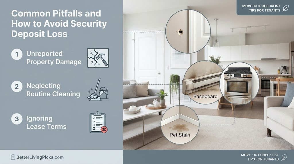 A professional split-screen infographic outlining three key strategies to avoid losing your security deposit when concealing rental apartment pipes.