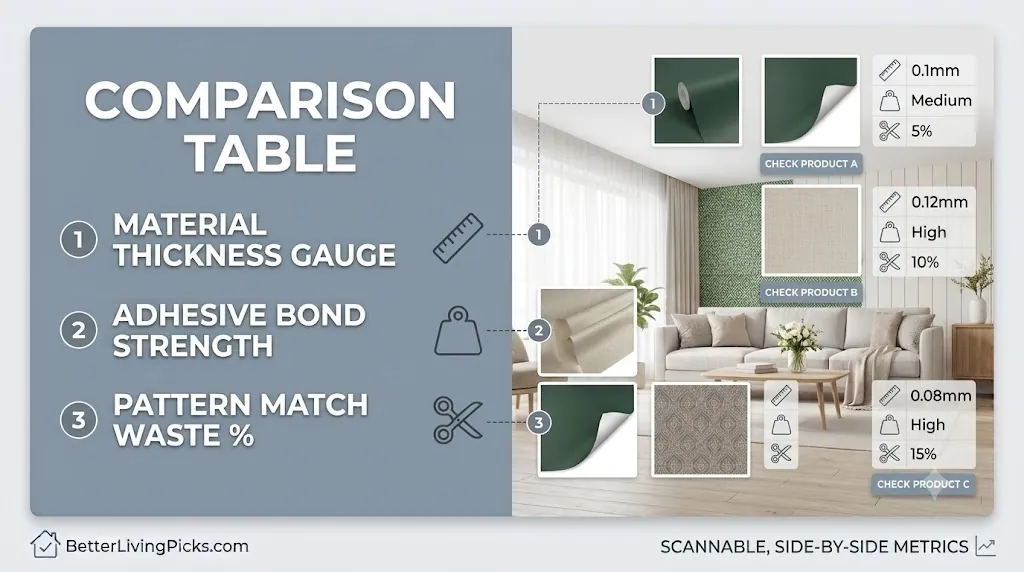Product selection matrix showcasing data comparison points next to a bright apartment living room.