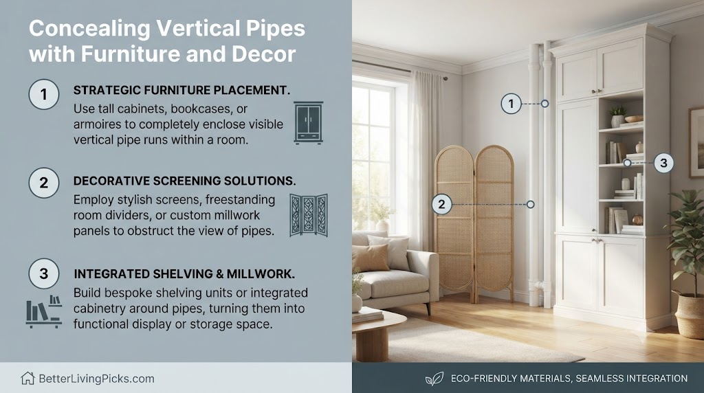 A professional infographic split-screen showing three furniture-based methods for concealing vertical pipes in a modern living room setting.