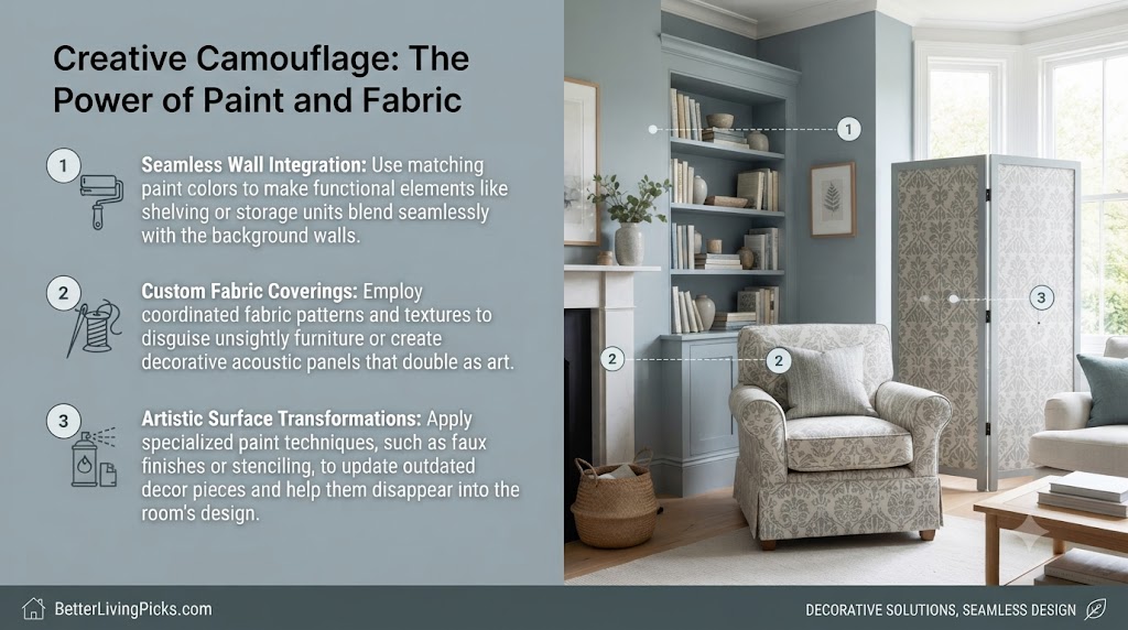 A split-screen graphic showing three creative camouflage methods using paint and fabric to conceal pipes in a rental apartment.
