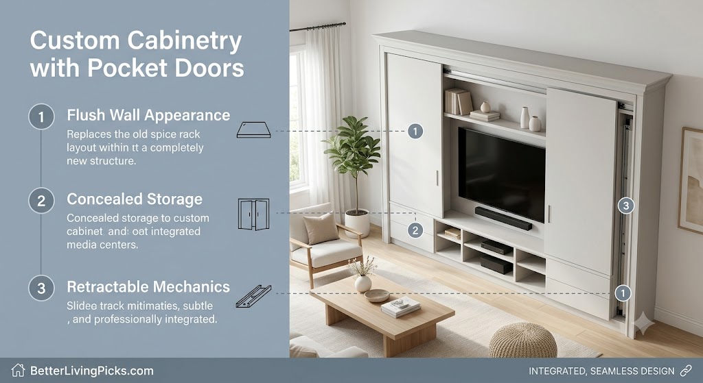 Modern living room featuring custom cabinetry with pocket doors concealing a flat-screen television.