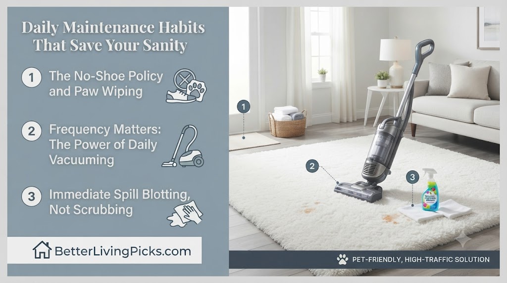 Daily rug maintenance infographic featuring a vacuum, cleaning spray, and cloth, with numbered steps illustrating a pet-friendly cleaning routine in a modern living room.