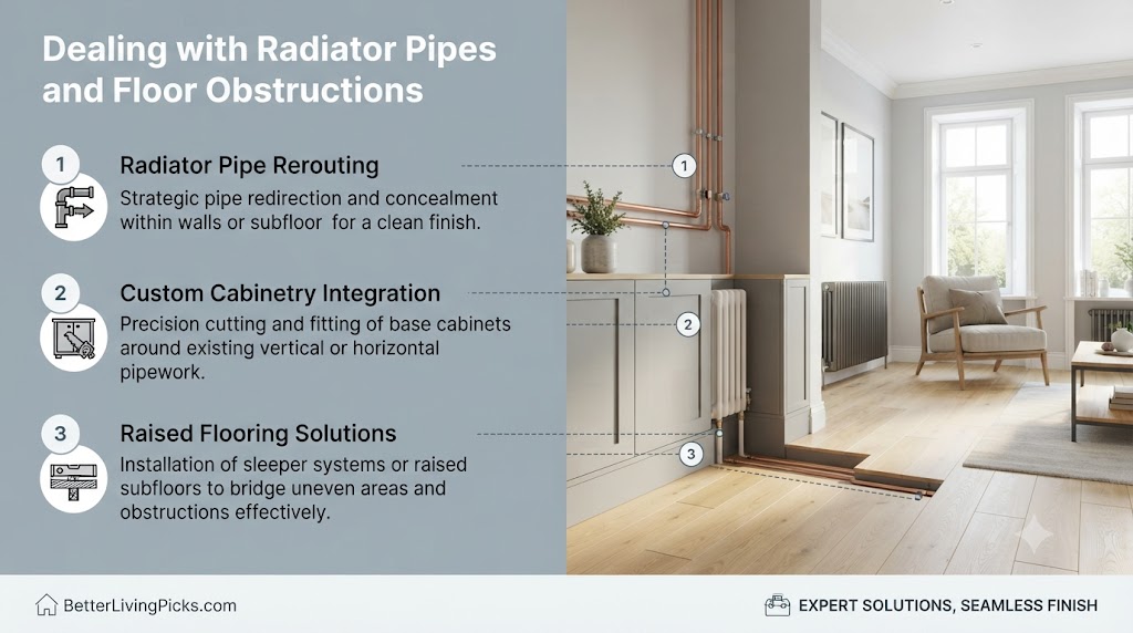 A professional split-screen infographic showing three methods to conceal radiator pipes and floor-level obstructions in a rental home.