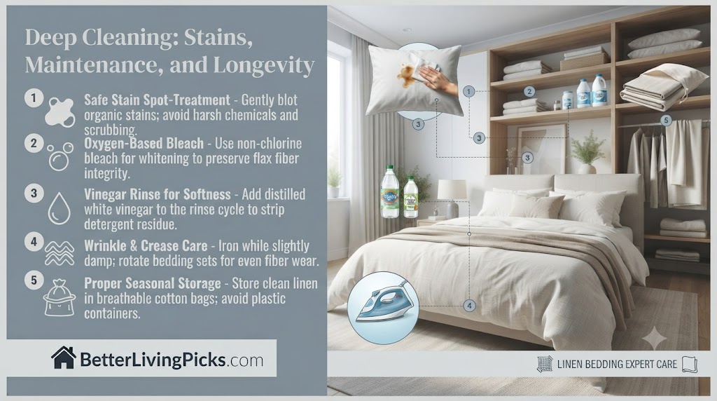 Infographic showing five deep cleaning and maintenance steps for linen bedding, with illustrations of stain treatment and storage.