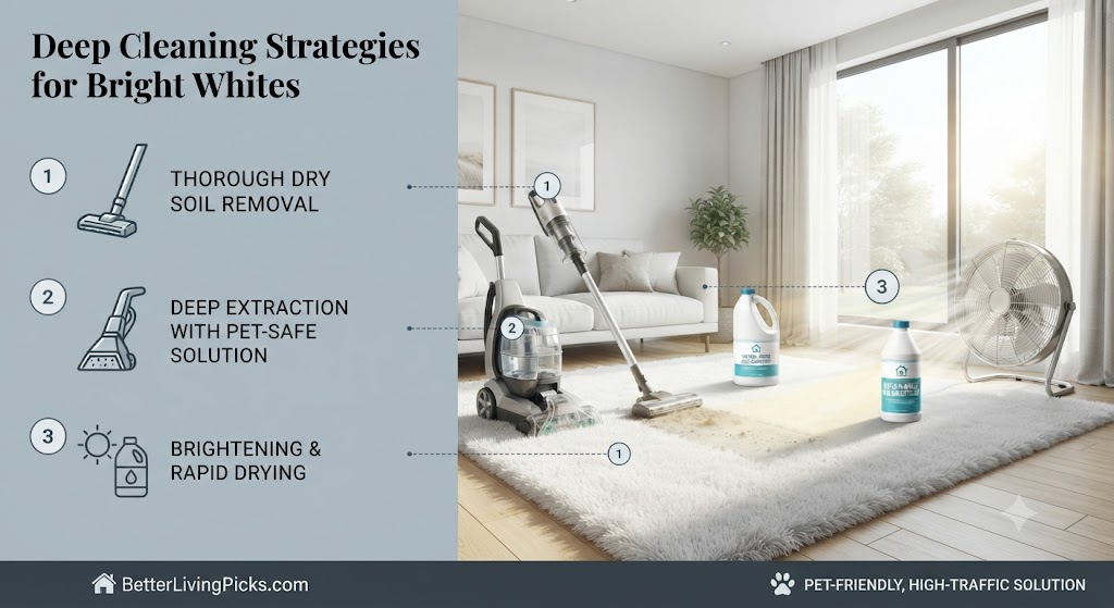 Modern living room featuring a white rug with deep cleaning equipment and an infographic overlay outlining professional maintenance steps.