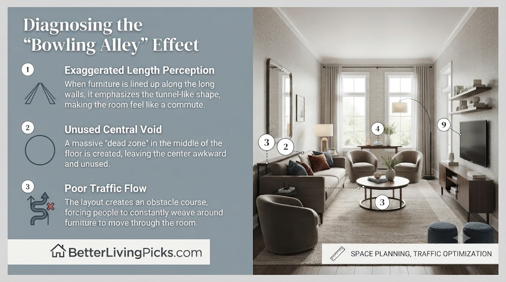 Modern living room featuring a layout analysis with numbered points identifying common spatial issues in narrow room designs.