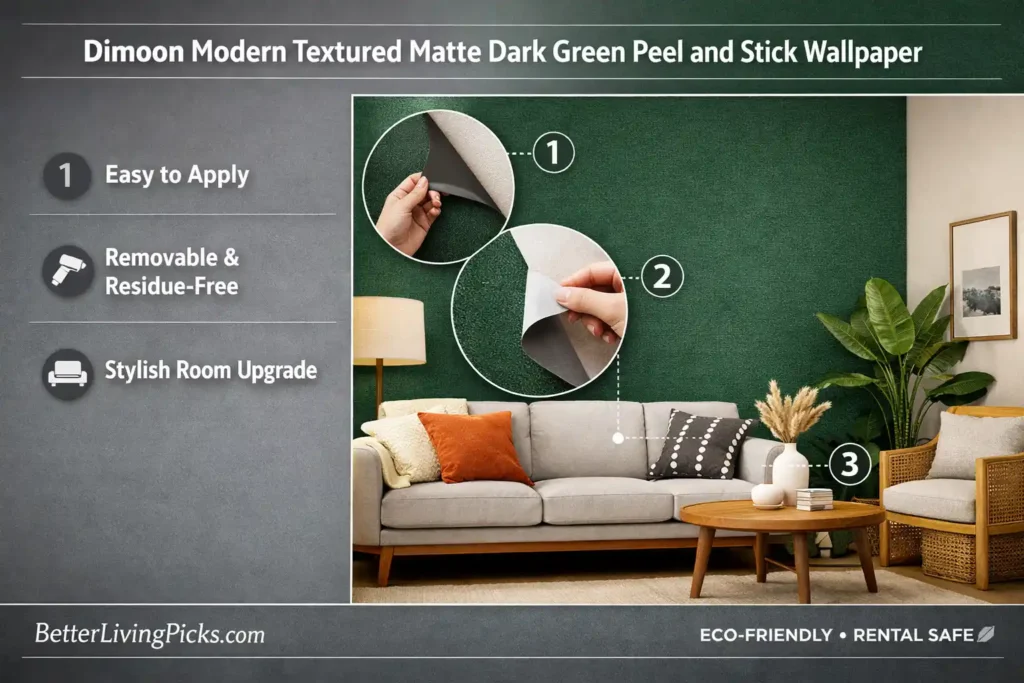 Modern living room featuring a matte dark green textured peel-and-stick wallpaper accent wall beside a slate-gray info panel.