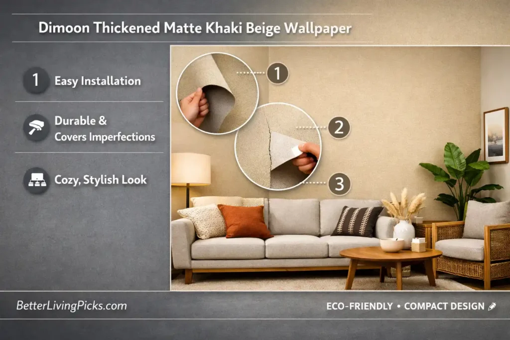 Modern living room featuring a matte khaki beige textured peel-and-stick wallpaper accent wall beside a slate-gray info panel.