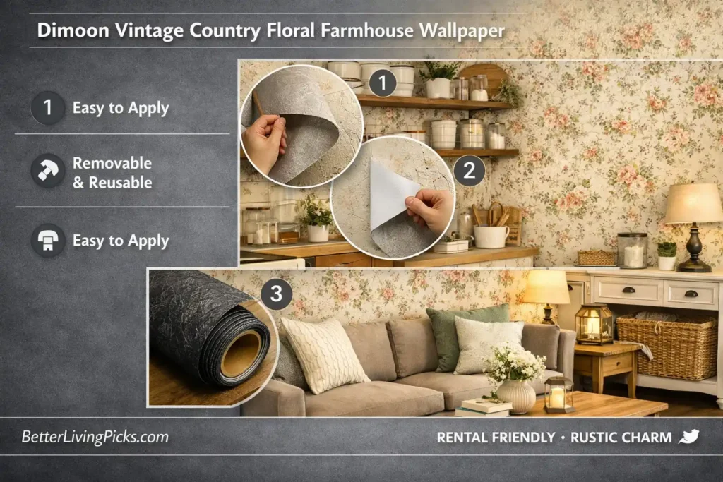 Modern farmhouse kitchen and living room featuring vintage country floral wallpaper beside a slate-gray info panel.