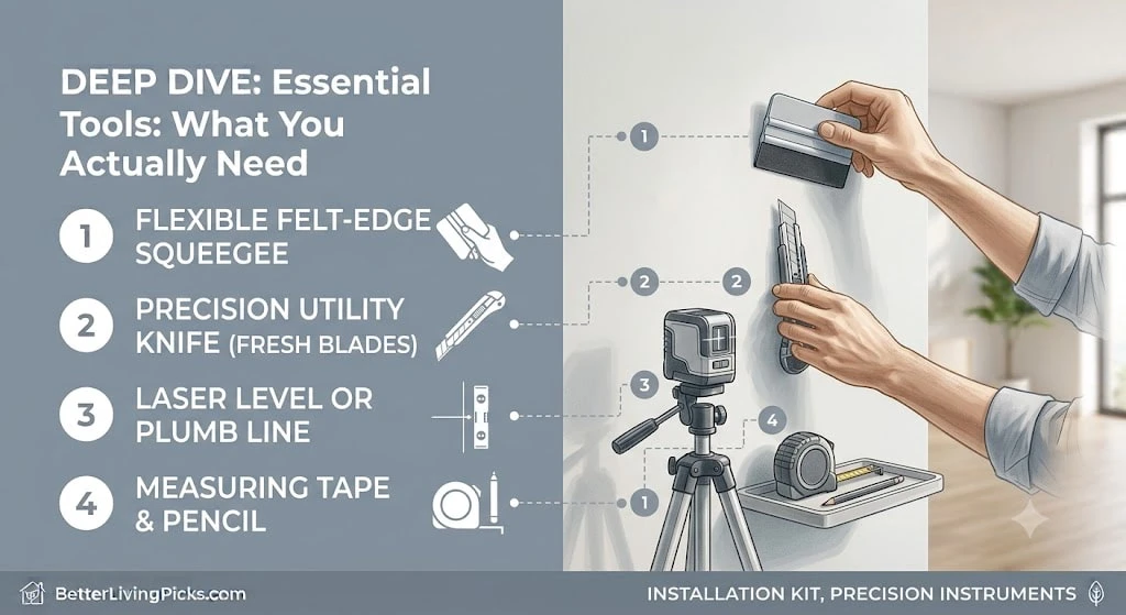 Installer using a wallpaper smoothing tool with laser level and measuring tape for accurate wallpaper alignment.