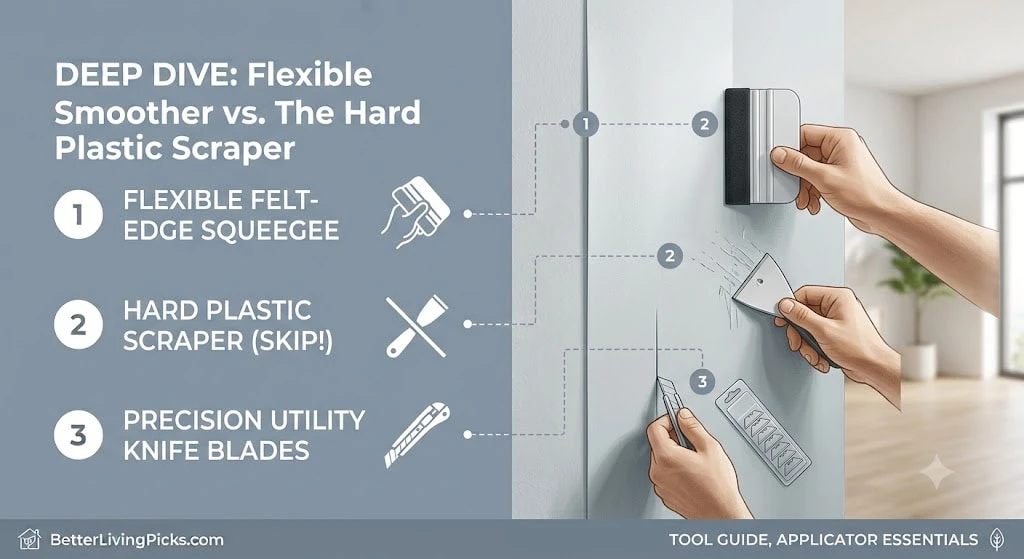 Flexible wallpaper smoother, hard plastic scraper, and precision knife used for bubble-free wallpaper installation.