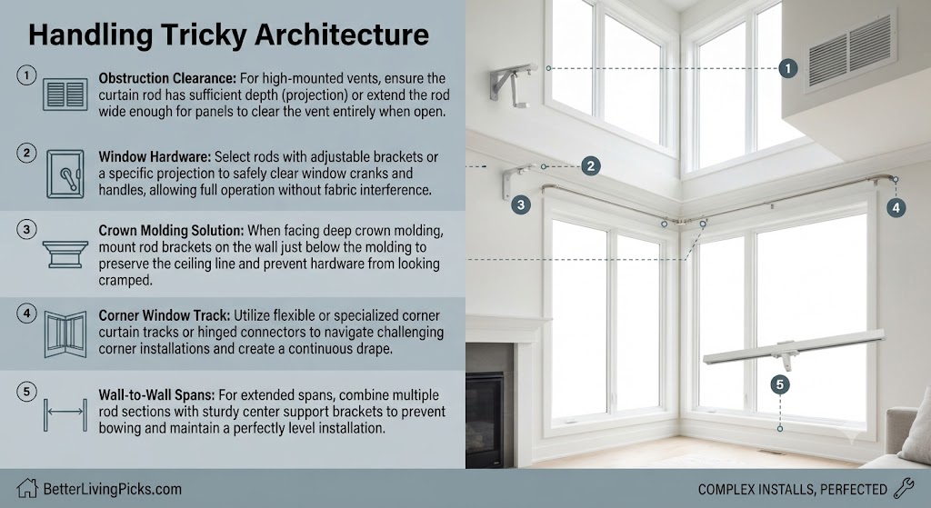 Modern living room featuring corner windows, crown molding, and high-mounted ventilation, with infographic overlays explaining hardware clearance and specialized track solutions.