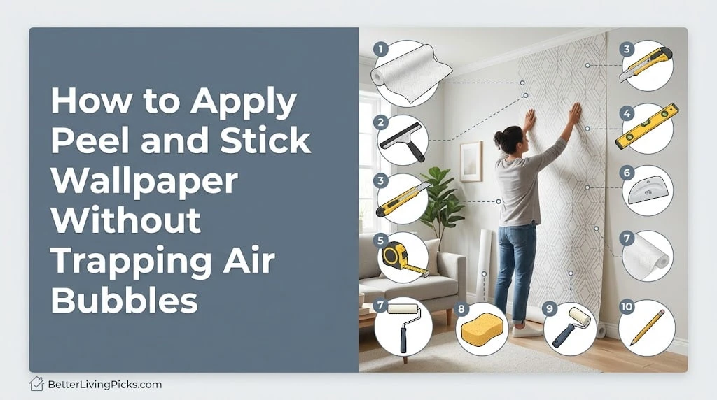 Person applying peel-and-stick wallpaper with installation tools to create a smooth, bubble-free wall.