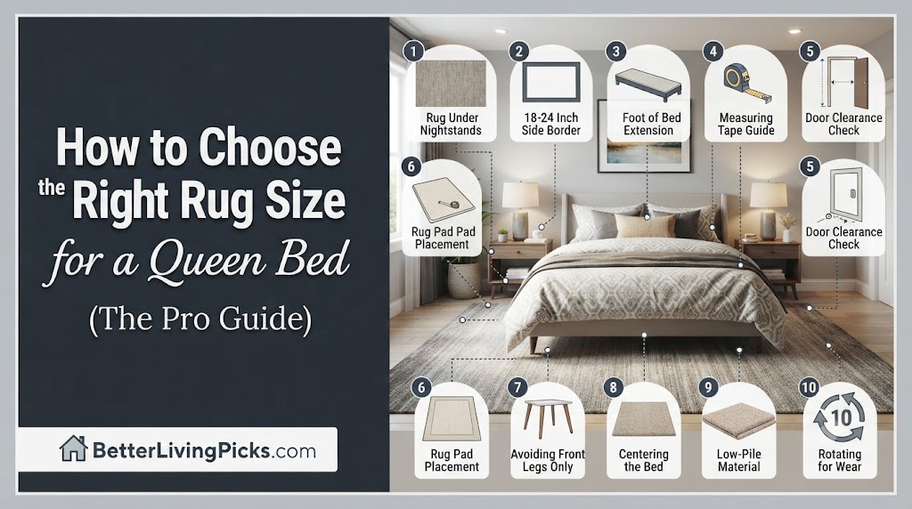 Bedroom interior showcasing queen bed rug placement with ten labeled style and measurement callouts on a minimalist infographic layout.
