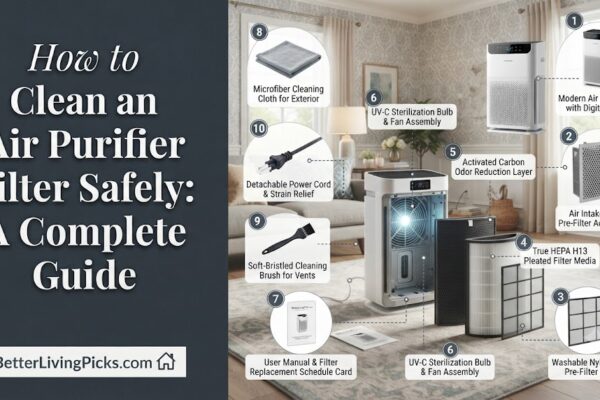 Detailed infographic guide for cleaning an air purifier, featuring a living room scene with numbered components and cleaning tools.