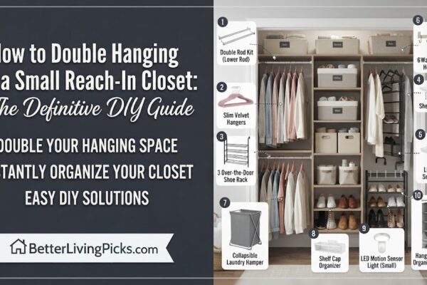 A split-screen infographic for 'BetterLivingPicks.com' showing a messy closet on the left and an organized, upgraded small reach-in closet on the right with 10 numbered products like double rods and slim hangers.
