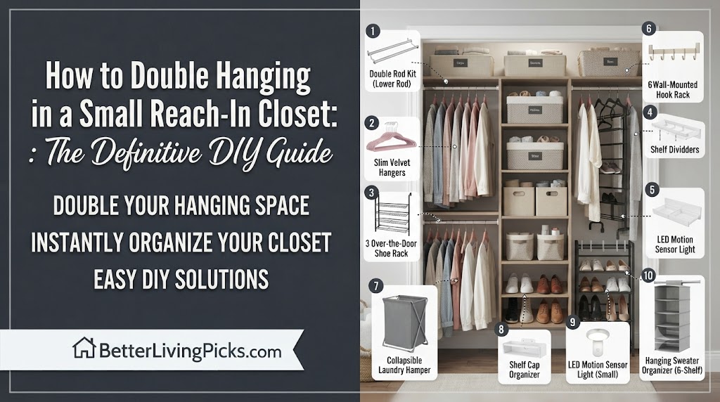 A split-screen infographic for 'BetterLivingPicks.com' showing a messy closet on the left and an organized, upgraded small reach-in closet on the right with 10 numbered products like double rods and slim hangers.