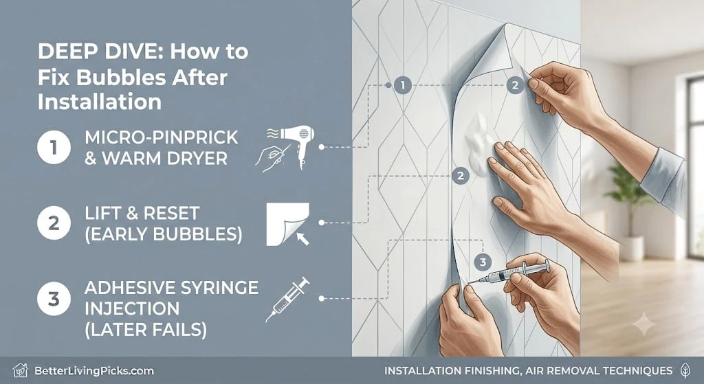 Repairing bubbles in peel-and-stick wallpaper using a smoothing tool, micro pin, and warm air.