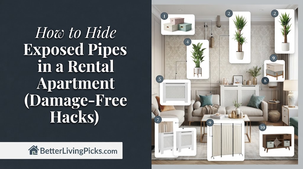 Modern living room interior featuring an infographic overlay with ten product callouts and numbered labels for concealing exposed rental apartment utilities.