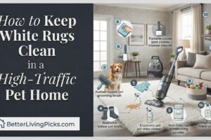 Modern living room featuring a white area rug, a friendly dog, and labeled maintenance tools including a vacuum, cleaning sprays, and brushes to manage pet messes.